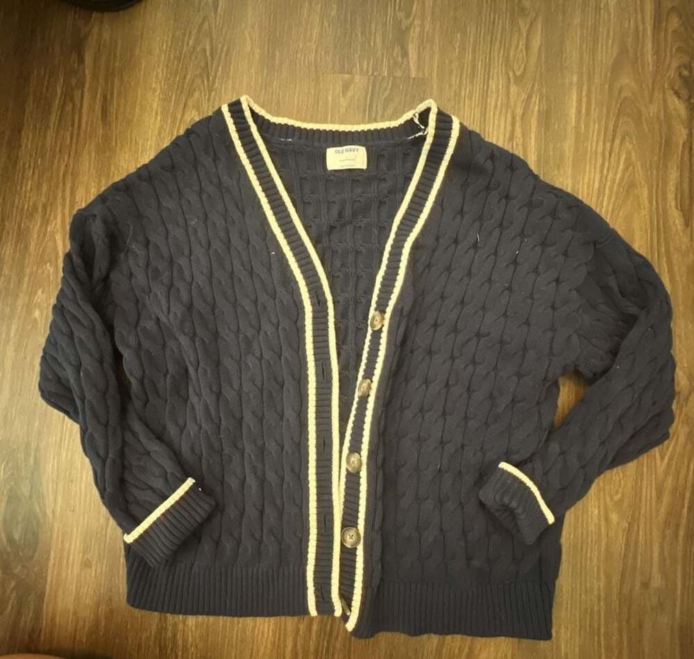 Old Navy Women's Size L Navy Blue Cable Knit Varsity Cardigan